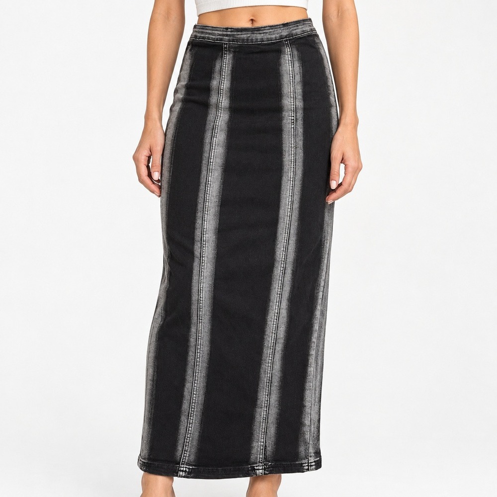 Akira Black Grey Acid Wash Denim Maxi Skirt Vertical Panel Bodycon Womens Size S